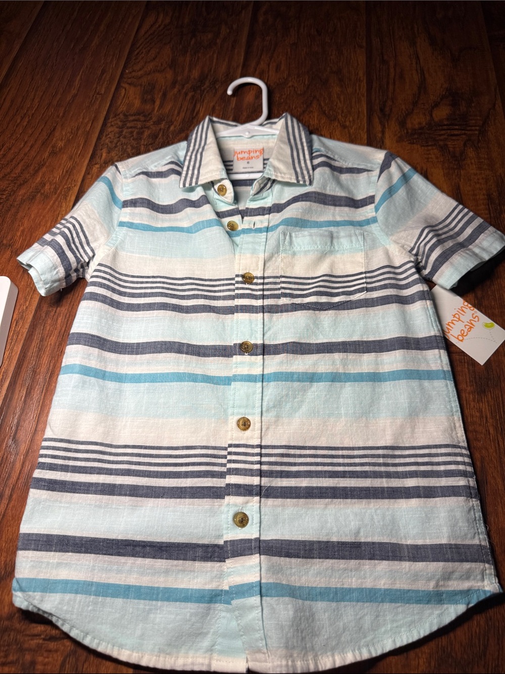 jumping beans Short-Sleeve Striped Button-Down Shirt - Light Blue, Navy, White.